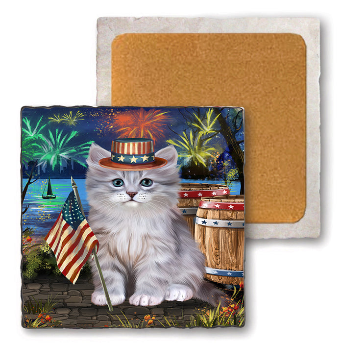 4th of July Independence Day Firework Siberian Cat Set of 4 Natural Stone Marble Tile Coasters MCST49079