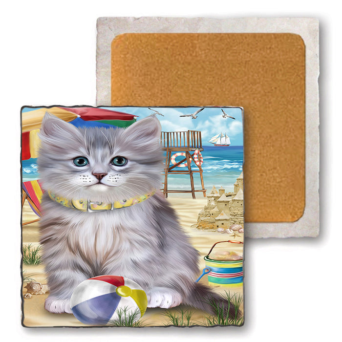 Pet Friendly Beach Siberian Cat Set of 4 Natural Stone Marble Tile Coasters MCST49188