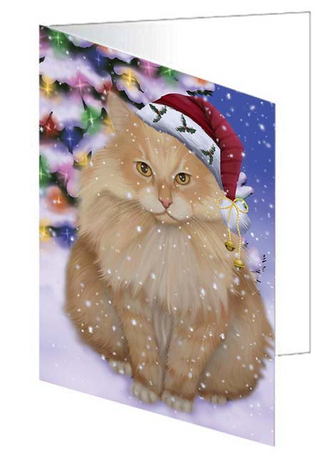 Winterland Wonderland Siberian Cat In Christmas Holiday Scenic Background Handmade Artwork Assorted Pets Greeting Cards and Note Cards with Envelopes for All Occasions and Holiday Seasons GCD71696