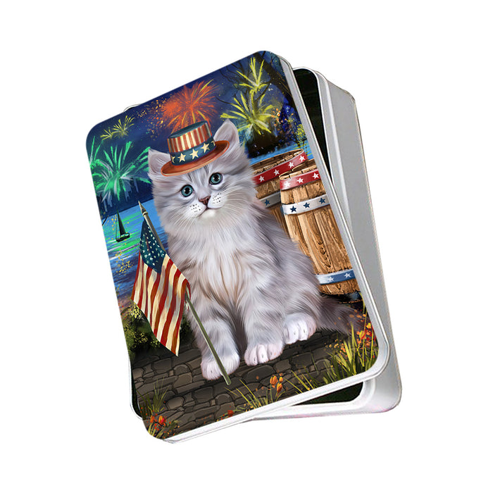 4th of July Independence Day Firework Siberian Cat Photo Storage Tin PITN54022