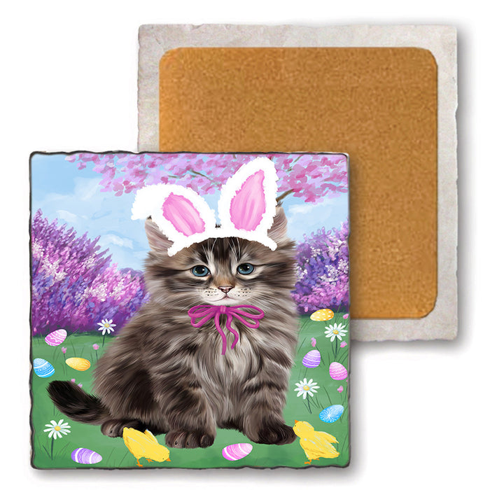 Easter Holiday Siberian Cat Set of 4 Natural Stone Marble Tile Coasters MCST51939