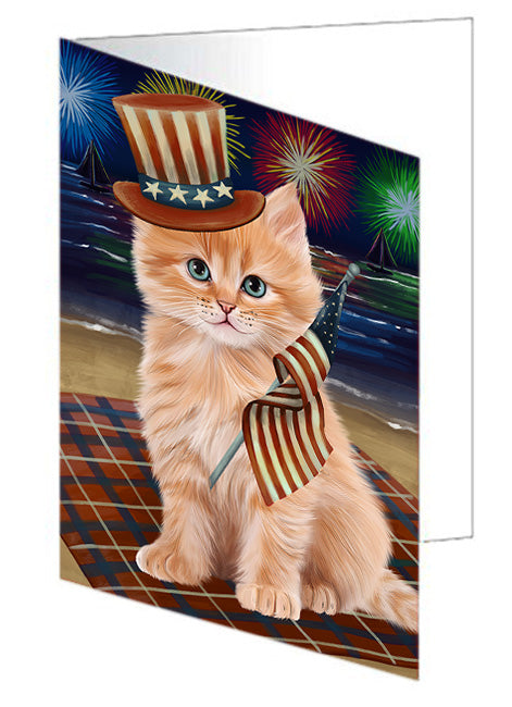 4th of July Independence Day Firework Siberian Cat Handmade Artwork Assorted Pets Greeting Cards and Note Cards with Envelopes for All Occasions and Holiday Seasons GCD76070