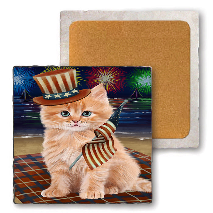 4th of July Independence Day Firework Siberian Cat Set of 4 Natural Stone Marble Tile Coasters MCST51852