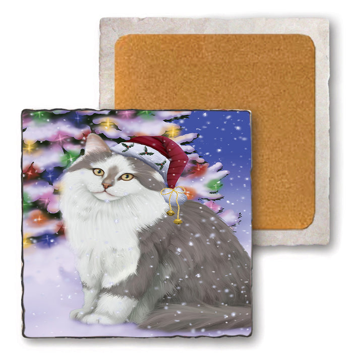 Winterland Wonderland Siberian Cat In Christmas Holiday Scenic Background Set of 4 Natural Stone Marble Tile Coasters MCST50728