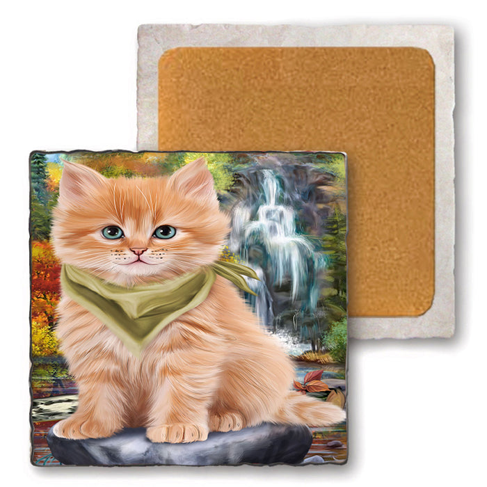 Scenic Waterfall Siberian Cat Set of 4 Natural Stone Marble Tile Coasters MCST49686