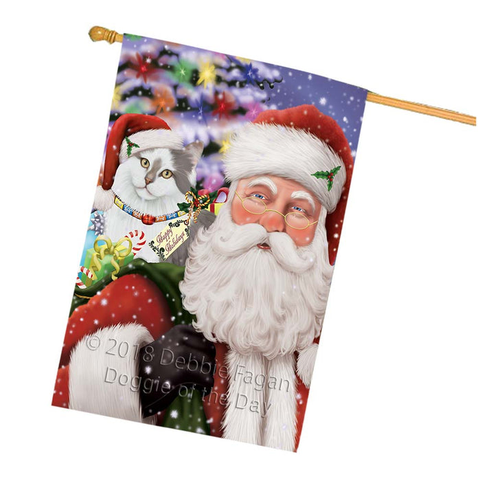 Santa Carrying Siberian Cat and Christmas Presents House Flag FLG55960