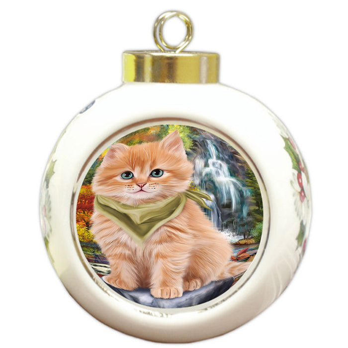 Scenic Waterfall Siberian Cat Round Ball Christmas Ornament RBPOR54814