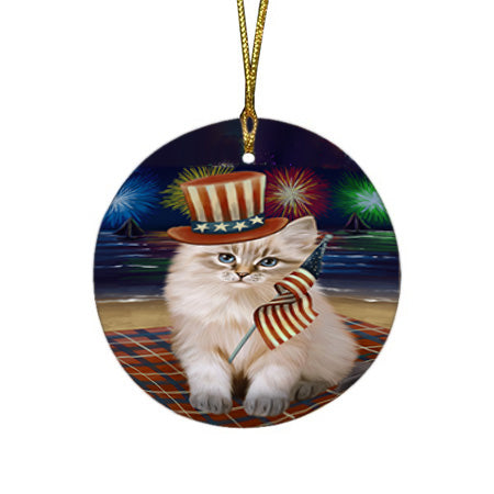 4th of July Independence Day Firework Siberian Cat Round Flat Christmas Ornament RFPOR57254