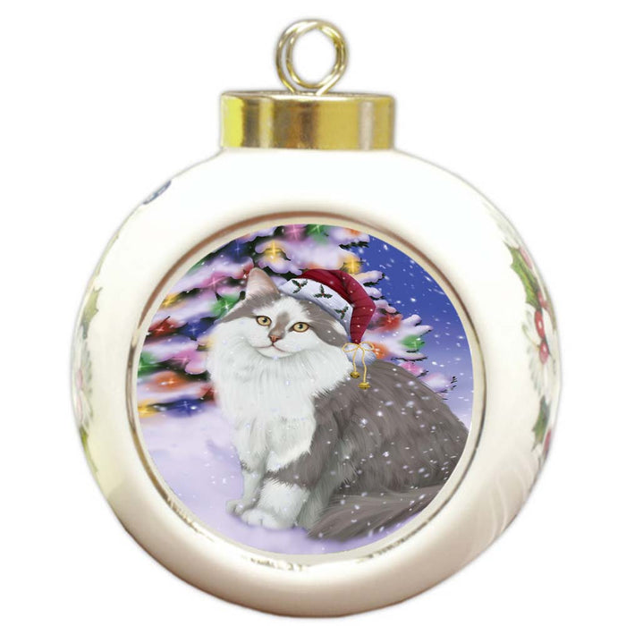 Winterland Wonderland Siberian Cat In Christmas Holiday Scenic Background Round Ball Christmas Ornament RBPOR56084