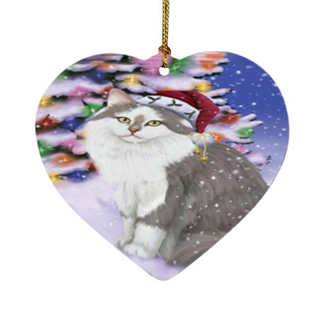 Winterland Wonderland Siberian Cat In Christmas Holiday Scenic Background Heart Christmas Ornament HPOR56084