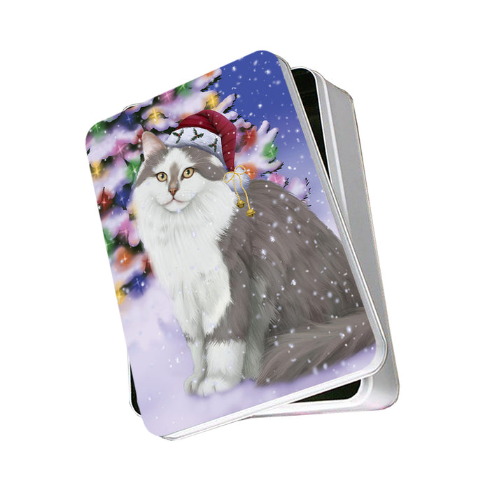 Winterland Wonderland Siberian Cat In Christmas Holiday Scenic Background Photo Storage Tin PITN55671