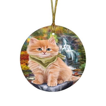 Scenic Waterfall Siberian Cat Round Flat Christmas Ornament RFPOR54805
