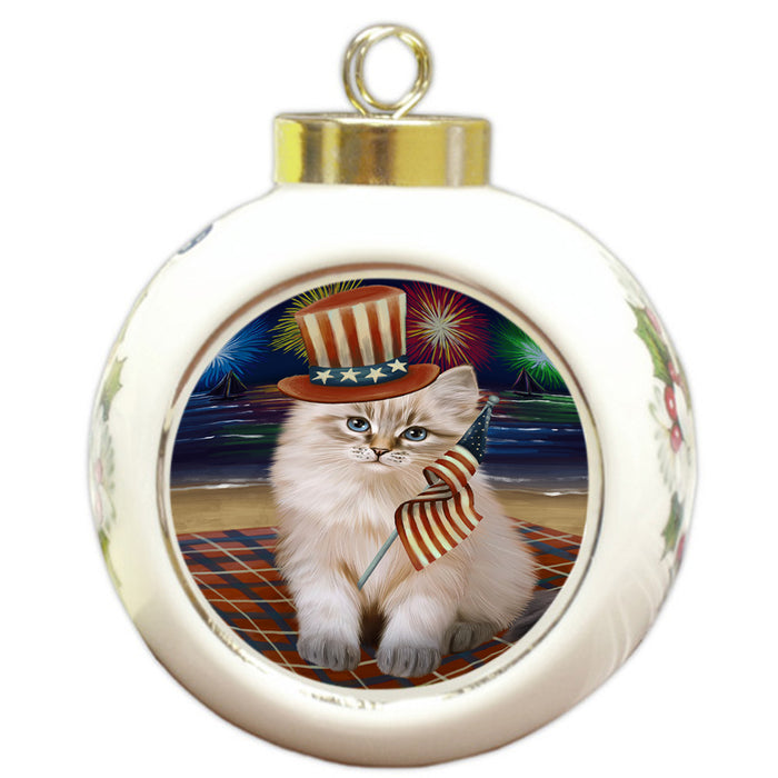 4th of July Independence Day Firework Siberian Cat Round Ball Christmas Ornament RBPOR57254