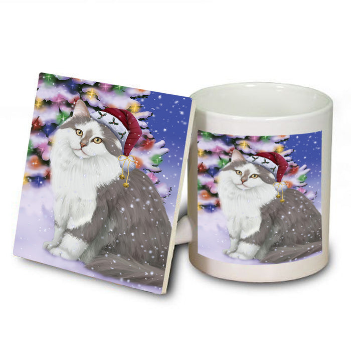 Winterland Wonderland Siberian Cat In Christmas Holiday Scenic Background Mug and Coaster Set MUC55720