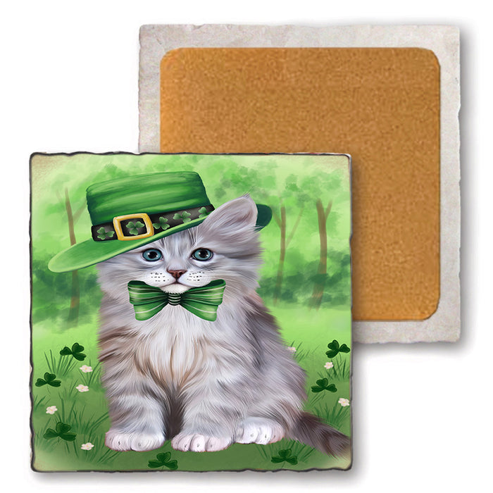 St. Patricks Day Irish Portrait Siberian Cat Set of 4 Natural Stone Marble Tile Coasters MCST52044