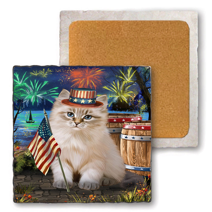 4th of July Independence Day Firework Siberian Cat Set of 4 Natural Stone Marble Tile Coasters MCST49080