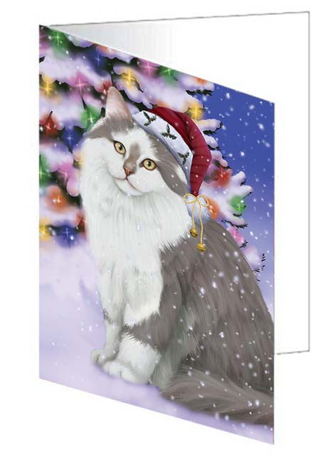 Winterland Wonderland Siberian Cat In Christmas Holiday Scenic Background Handmade Artwork Assorted Pets Greeting Cards and Note Cards with Envelopes for All Occasions and Holiday Seasons GCD71699