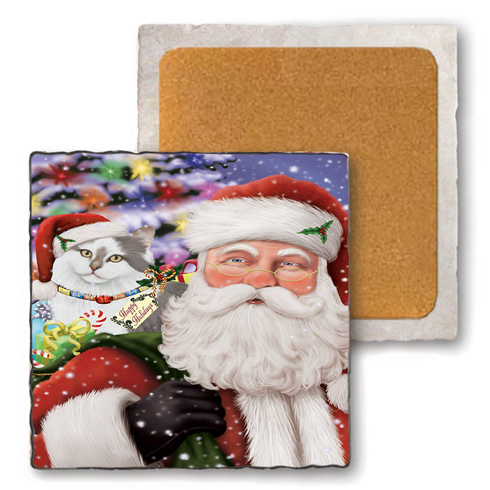 Santa Carrying Siberian Cat and Christmas Presents Set of 4 Natural Stone Marble Tile Coasters MCST50531