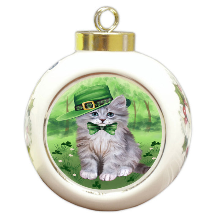 St. Patricks Day Irish Portrait Siberian Cat Round Ball Christmas Ornament RBPOR58171