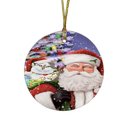 Santa Carrying Siberian Cat and Christmas Presents Round Flat Christmas Ornament RFPOR55887