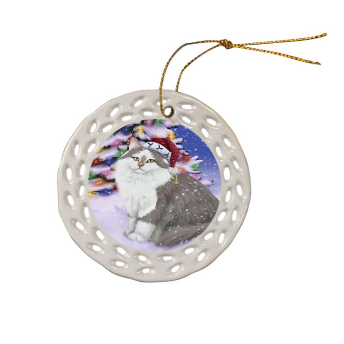 Winterland Wonderland Siberian Cat In Christmas Holiday Scenic Background Ceramic Doily Ornament DPOR56084