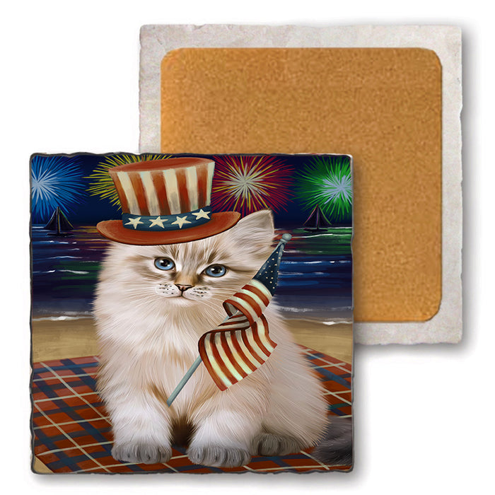 4th of July Independence Day Firework Siberian Cat Set of 4 Natural Stone Marble Tile Coasters MCST51853