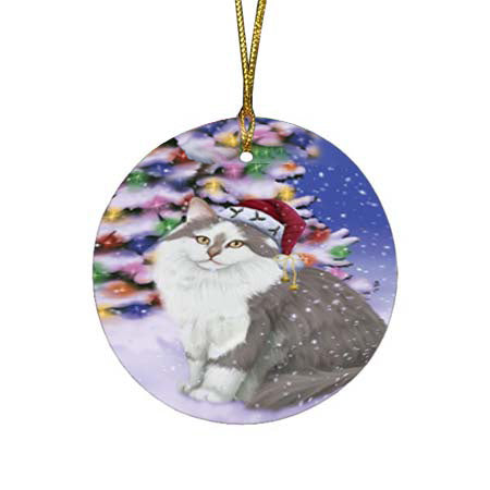 Winterland Wonderland Siberian Cat In Christmas Holiday Scenic Background Round Flat Christmas Ornament RFPOR56084
