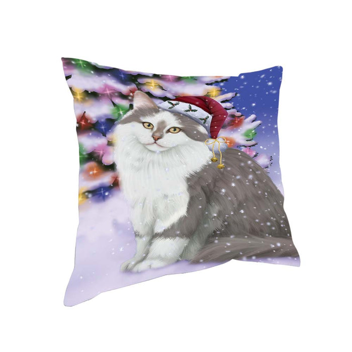 Winterland Wonderland Siberian Cat In Christmas Holiday Scenic Background Pillow PIL71840