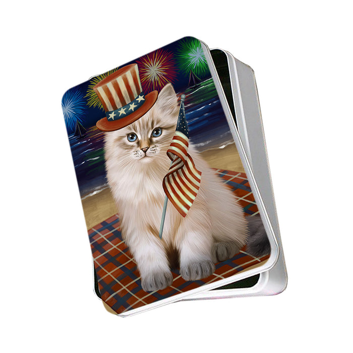 4th of July Independence Day Firework Siberian Cat Photo Storage Tin PITN56796