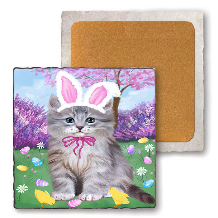 Easter Holiday Siberian Cat Set of 4 Natural Stone Marble Tile Coasters MCST51940