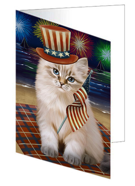 4th of July Independence Day Firework Siberian Cat Handmade Artwork Assorted Pets Greeting Cards and Note Cards with Envelopes for All Occasions and Holiday Seasons GCD76073