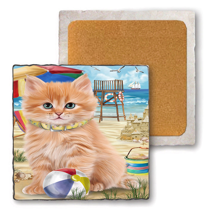 Pet Friendly Beach Siberian Cat Set of 4 Natural Stone Marble Tile Coasters MCST49189