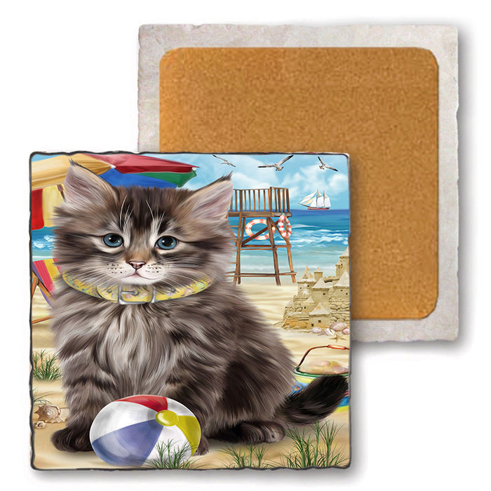 Pet Friendly Beach Siberian Cat Set of 4 Natural Stone Marble Tile Coasters MCST49190