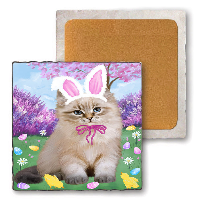 Easter Holiday Siberian Cat Set of 4 Natural Stone Marble Tile Coasters MCST51941