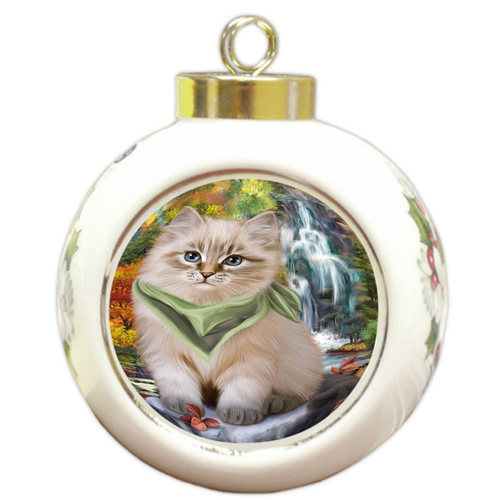 Scenic Waterfall Siberian Cat Round Ball Christmas Ornament RBPOR54815
