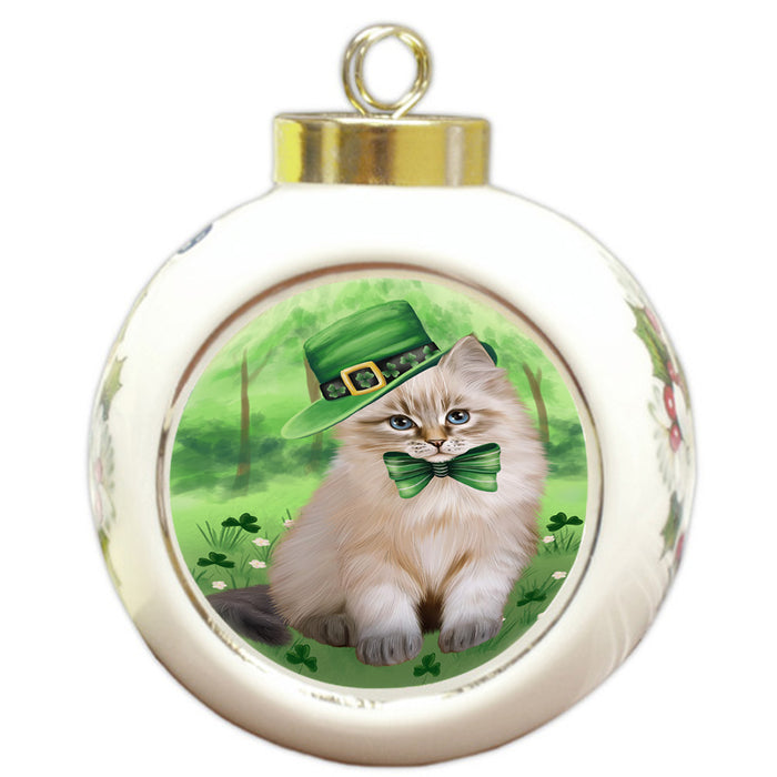 St. Patricks Day Irish Portrait Siberian Cat Round Ball Christmas Ornament RBPOR58172