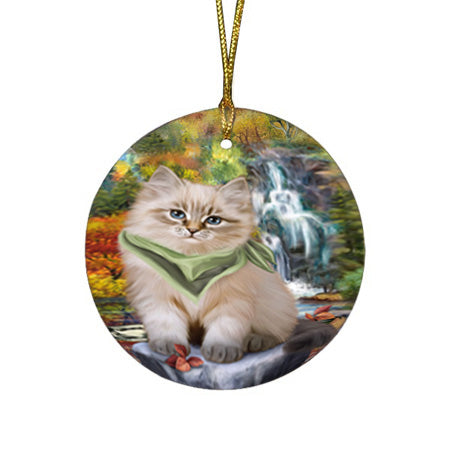 Scenic Waterfall Siberian Cat Round Flat Christmas Ornament RFPOR54806