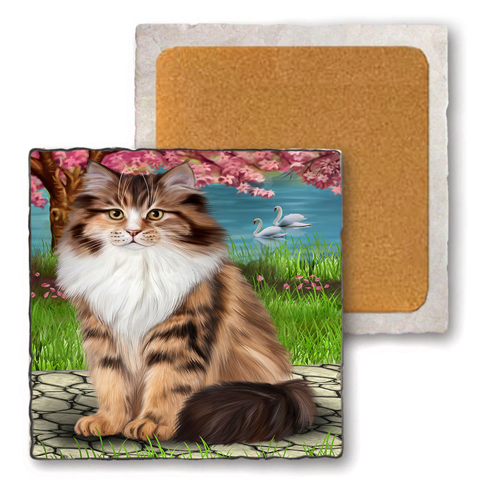 Siberian Cat Set of 4 Natural Stone Marble Tile Coasters MCST49636
