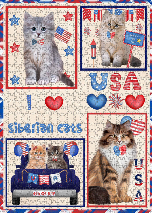 4th of July Independence Day I Love USA Siberian Cats Portrait Jigsaw Puzzle for Adults Animal Interlocking Puzzle Game Unique Gift for Dog Lover's with Metal Tin Box