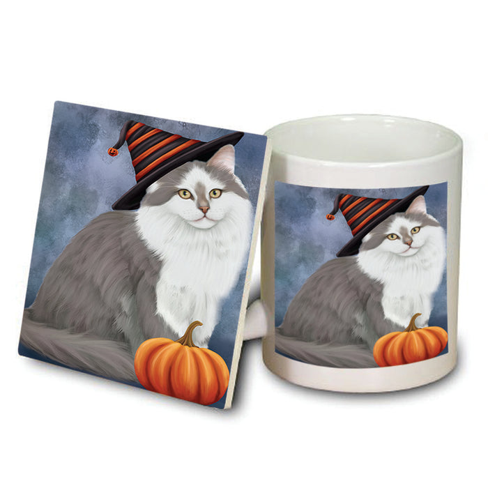 Happy Halloween Siberian Cat Wearing Witch Hat with Pumpkin Mug and Coaster Set MUC54769