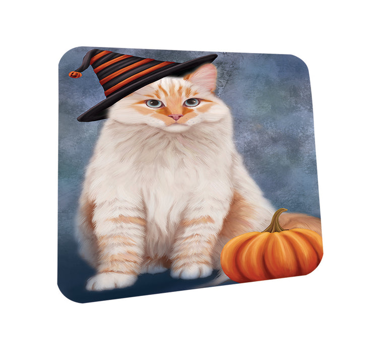 Happy Halloween Siberian Cat Wearing Witch Hat with Pumpkin Coasters Set of 4 CST54769