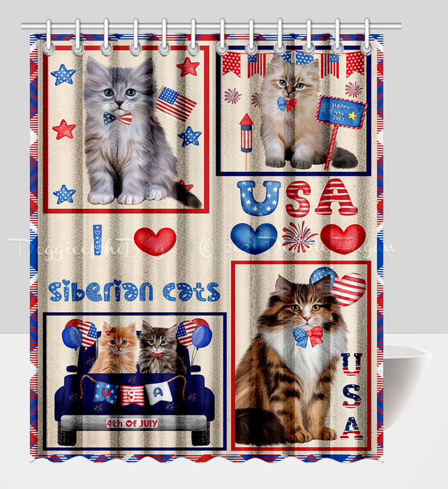 4th of July Independence Day I Love USA Siberian Cats Shower Curtain Pet Painting Bathtub Curtain Waterproof Polyester One-Side Printing Decor Bath Tub Curtain for Bathroom with Hooks
