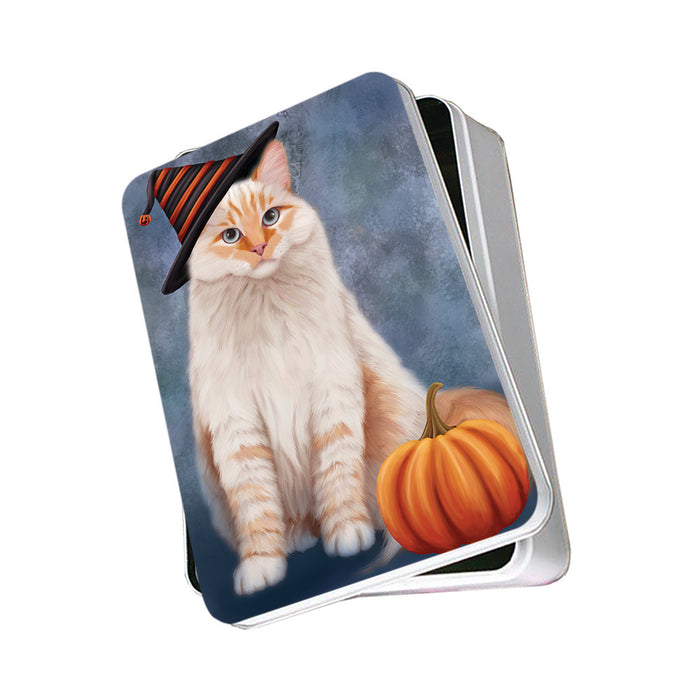 Happy Halloween Siberian Cat Wearing Witch Hat with Pumpkin Photo Storage Tin PITN54754