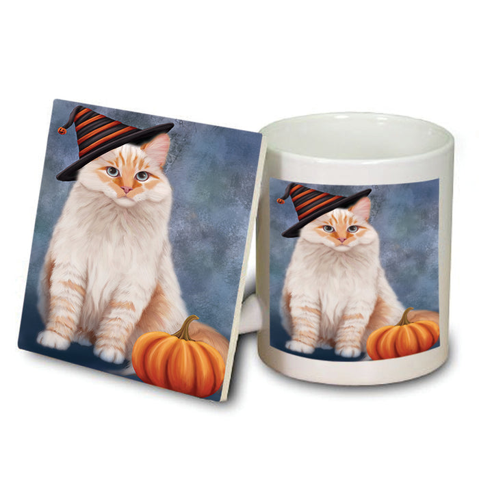 Happy Halloween Siberian Cat Wearing Witch Hat with Pumpkin Mug and Coaster Set MUC54803