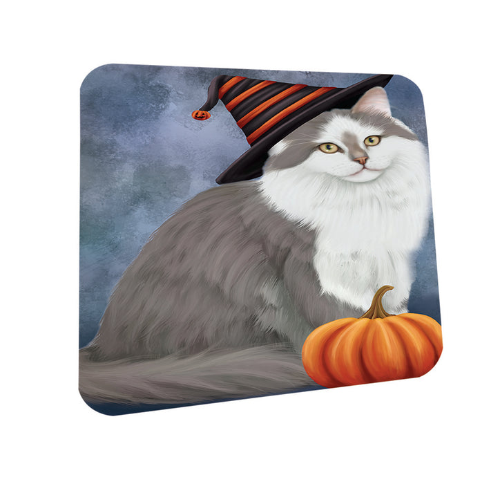 Happy Halloween Siberian Cat Wearing Witch Hat with Pumpkin Coasters Set of 4 CST54735