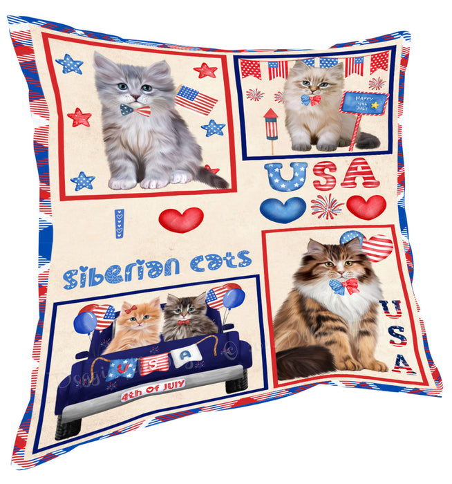 4th of July Independence Day I Love USA Siberian Cats Pillow with Top Quality High-Resolution Images - Ultra Soft Pet Pillows for Sleeping - Reversible & Comfort - Ideal Gift for Dog Lover - Cushion for Sofa Couch Bed - 100% Polyester