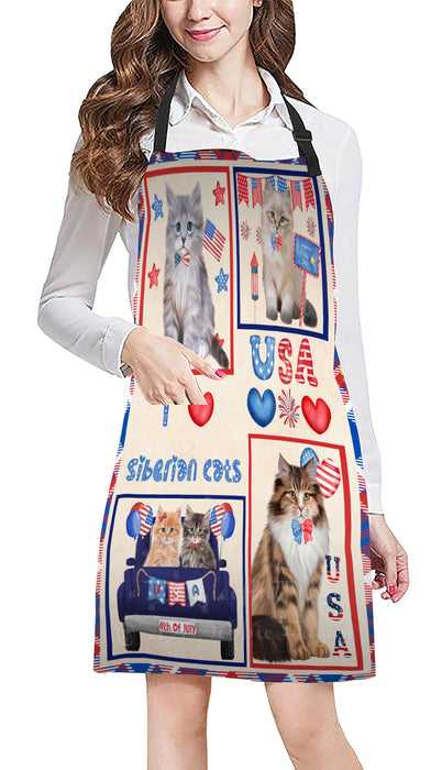 4th of July Independence Day I Love USA Siberian Cats Apron - Adjustable Long Neck Bib for Adults - Waterproof Polyester Fabric With 2 Pockets - Chef Apron for Cooking, Dish Washing, Gardening, and Pet Grooming