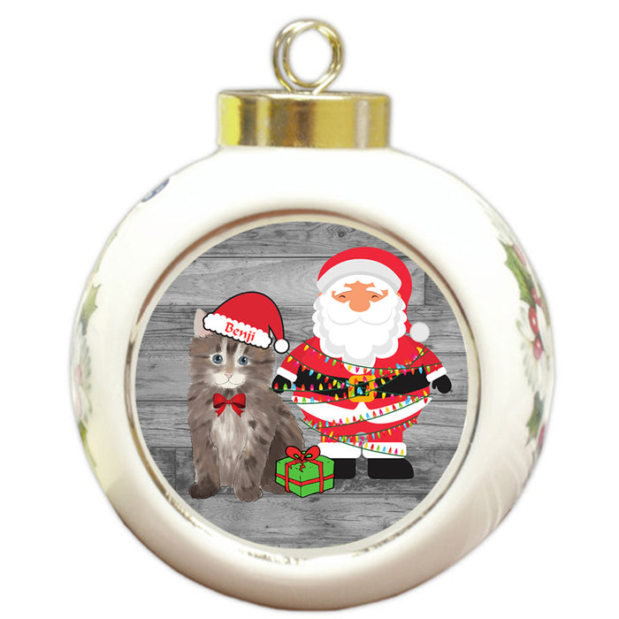 Custom Personalized Siberian Cat With Santa Wrapped in Light Christmas Round Ball Ornament