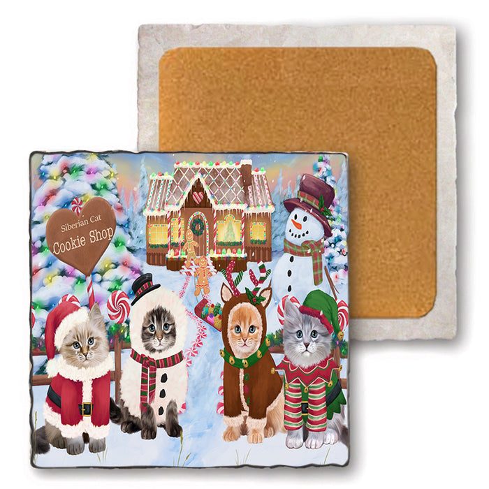 Holiday Gingerbread Cookie Shop Siberian Cats Set of 4 Natural Stone Marble Tile Coasters MCST51623