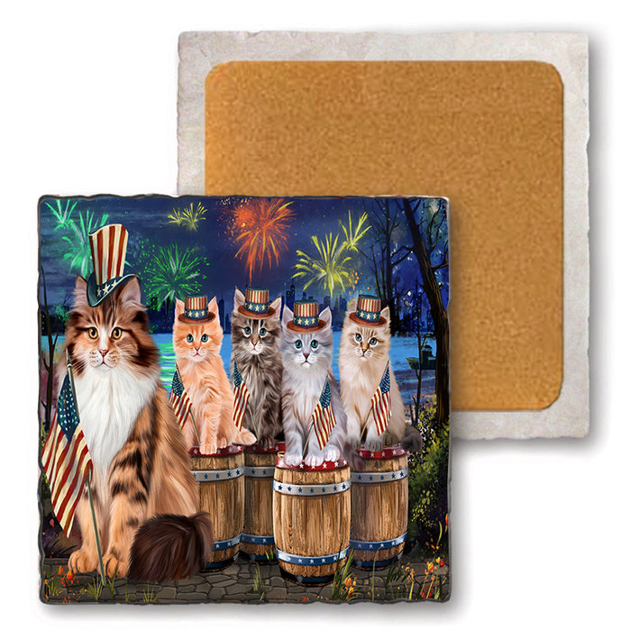 4th of July Independence Day Firework Siberian Cats Set of 4 Natural Stone Marble Tile Coasters MCST49116